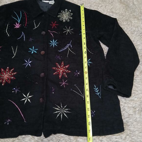 White Stag L 12/14 Black Button Front Jacket Embroidered Beaded Starburst Floral - Picture 5 of 9